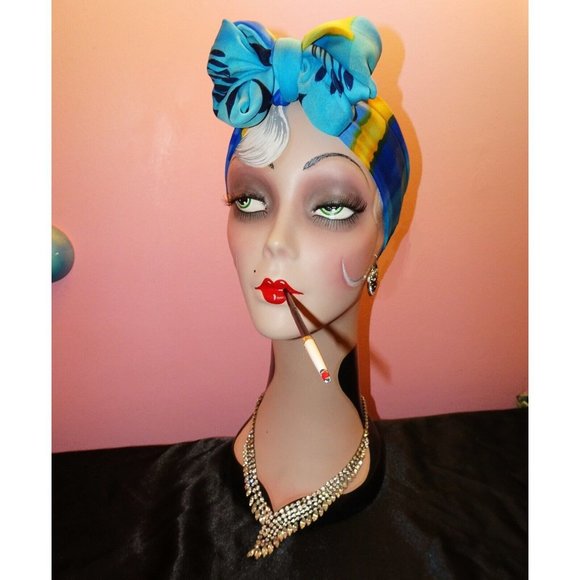 Vintage Blue & Yellow Long Floral Scarf made in Italy boho head wrap neck scarve - Picture 6 of 14